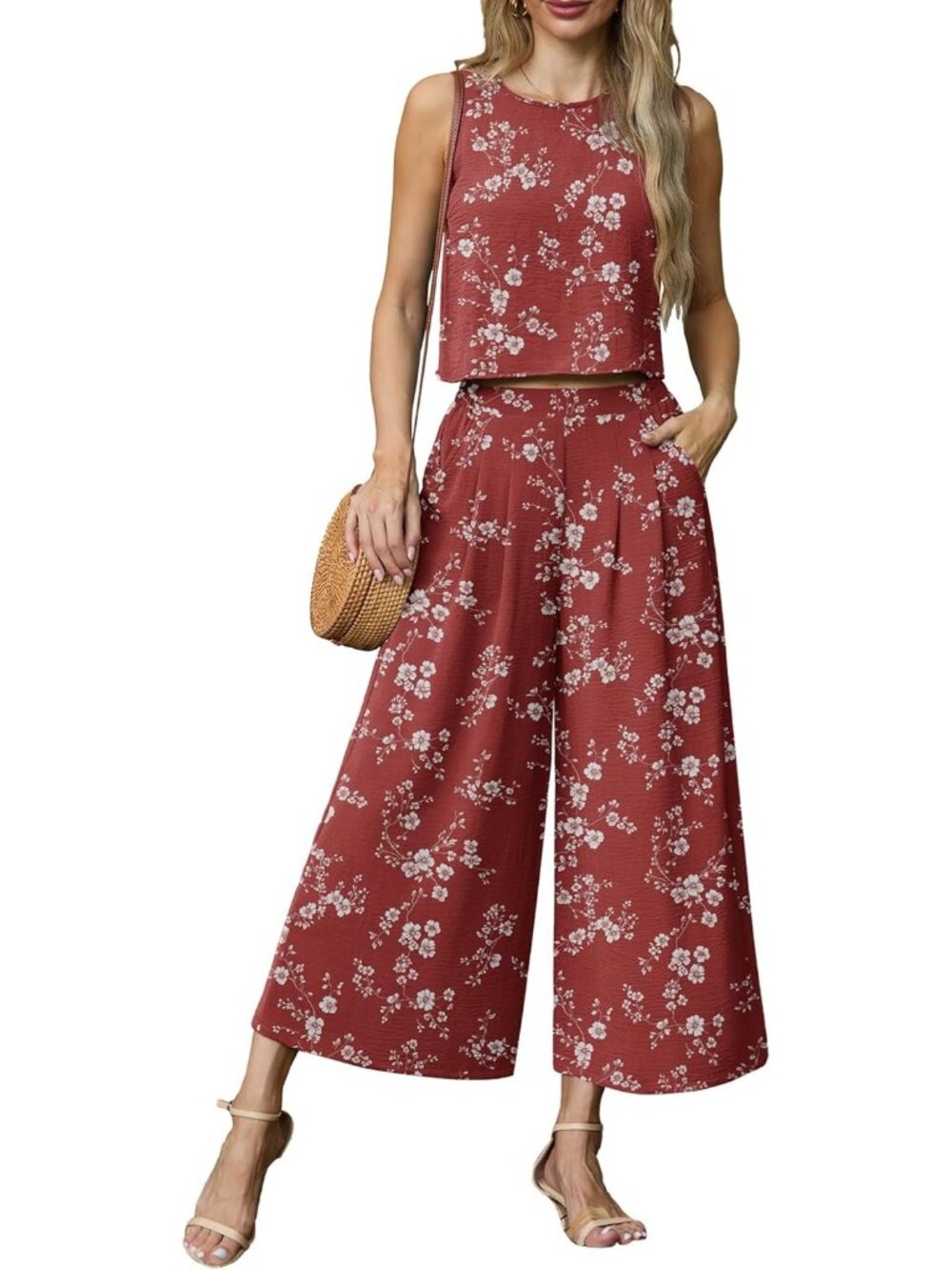 Women's White Blossom Summer 2 Piece Outfits Sleeveless Crop Top Flowy Wide Leg